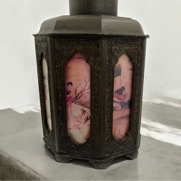 Early 1900's Chinese Shantou Pewter Tea Caddy With Reverse Painted Glass Panels - Picture 5 of 10